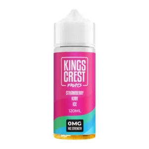 Kings Crest Fruits e-liquid bottle, flavor Strawberry Kiwi Ice, 120 ml, pink label with white logo and colorful band.